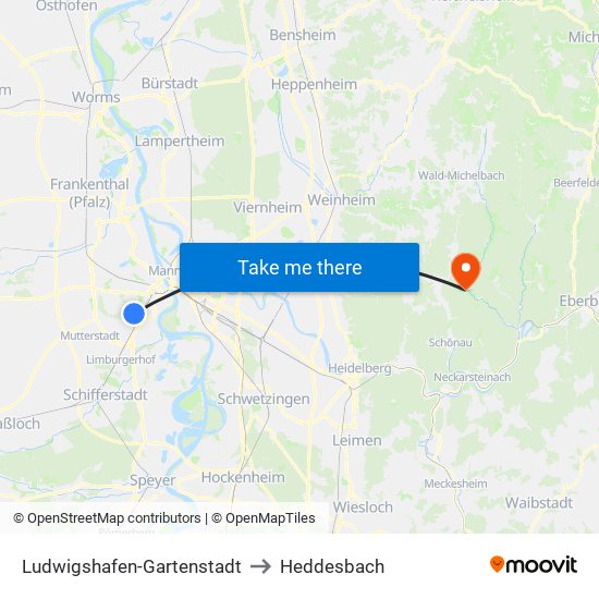 Ludwigshafen-Gartenstadt to Heddesbach map
