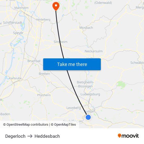 Degerloch to Heddesbach map