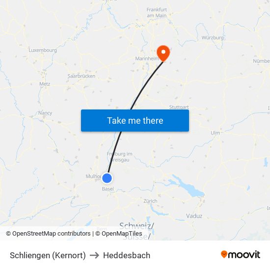 Schliengen (Kernort) to Heddesbach map