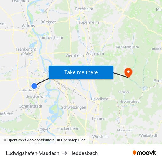 Ludwigshafen-Maudach to Heddesbach map