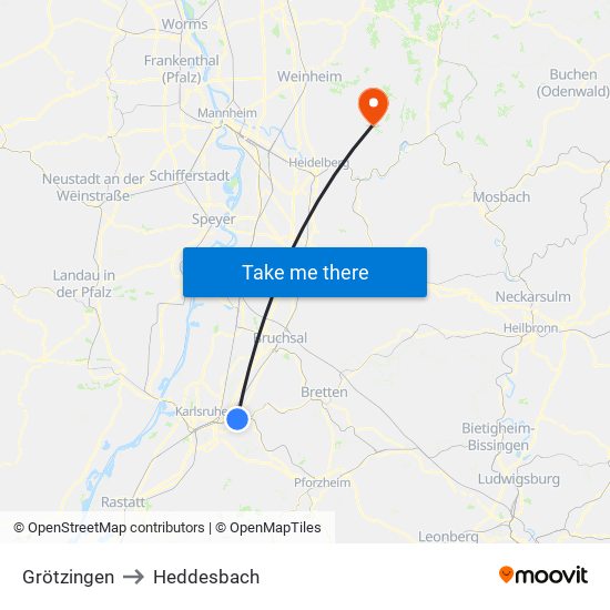 Grötzingen to Heddesbach map