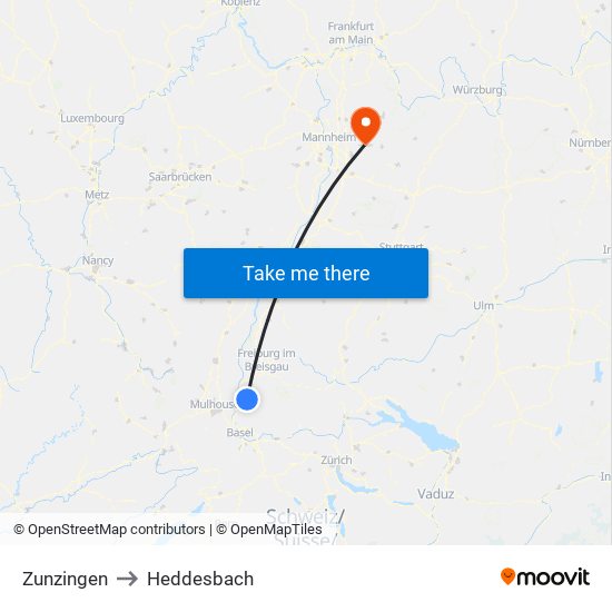 Zunzingen to Heddesbach map