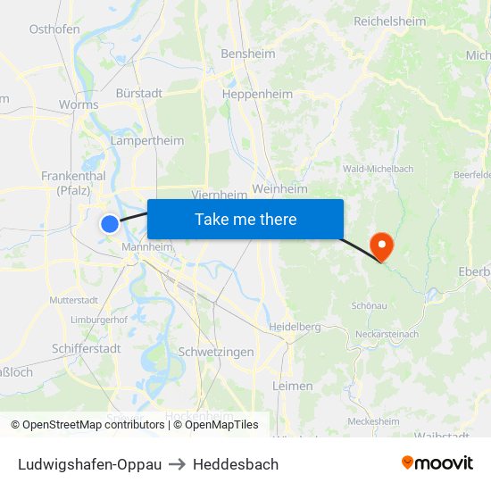 Ludwigshafen-Oppau to Heddesbach map