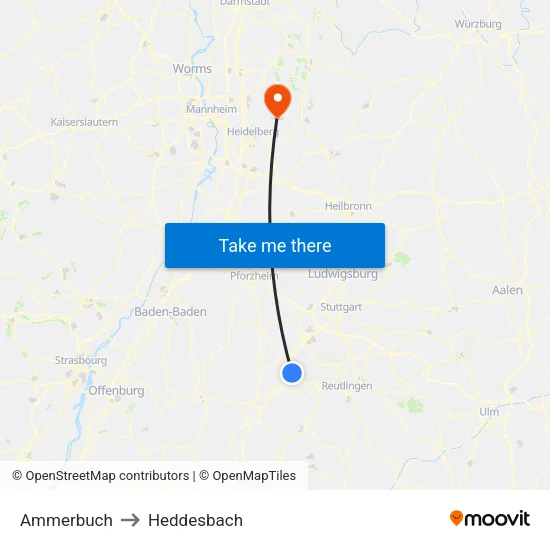 Ammerbuch to Heddesbach map