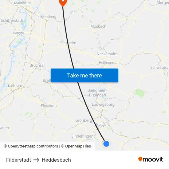 Filderstadt to Heddesbach map