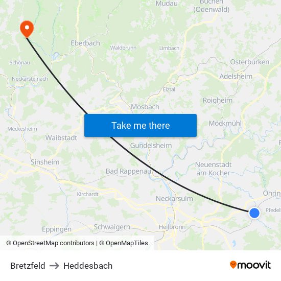 Bretzfeld to Heddesbach map