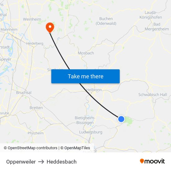 Oppenweiler to Heddesbach map