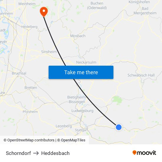 Schorndorf to Heddesbach map