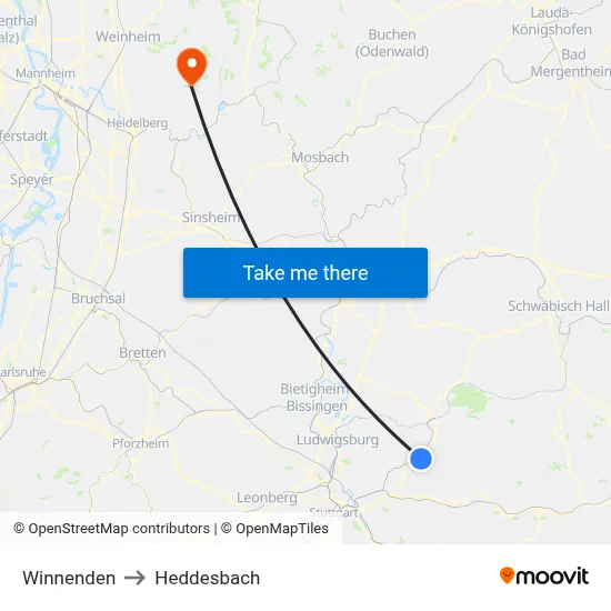 Winnenden to Heddesbach map