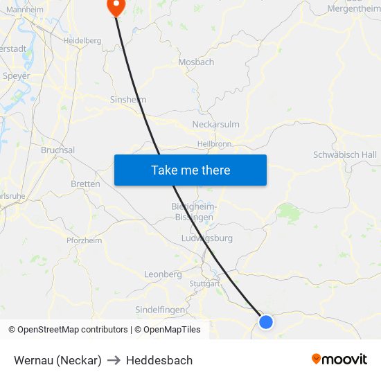 Wernau (Neckar) to Heddesbach map