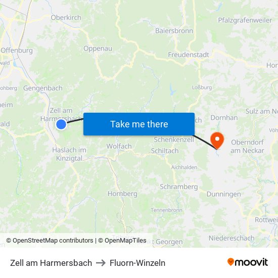 Zell am Harmersbach to Fluorn-Winzeln map