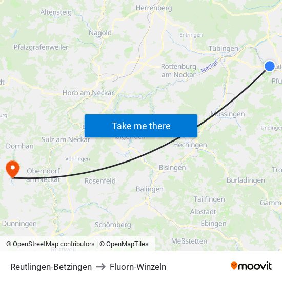 Reutlingen-Betzingen to Fluorn-Winzeln map