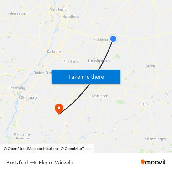 Bretzfeld to Fluorn-Winzeln map
