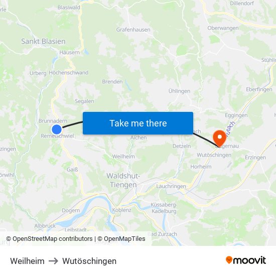 Weilheim to Wutöschingen map