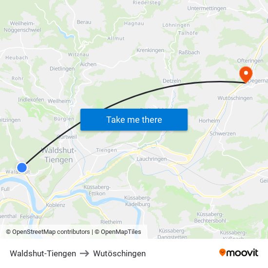 Waldshut-Tiengen to Wutöschingen map