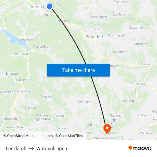 Lenzkirch to Wutöschingen map