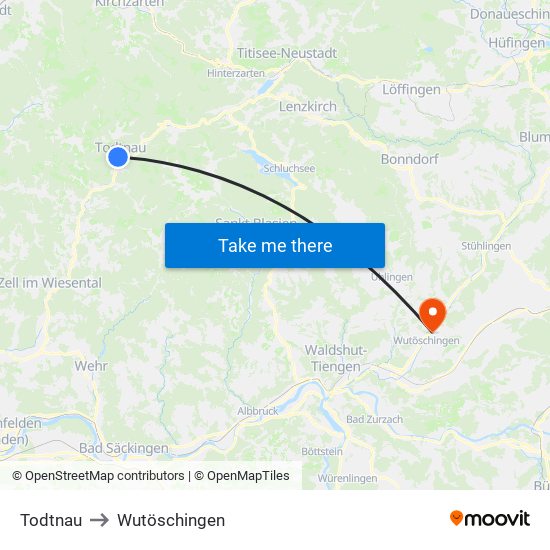 Todtnau to Wutöschingen map