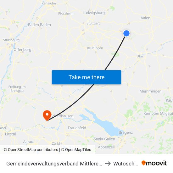 Gemeindeverwaltungsverband Mittleres Fils-Lautertal to Wutöschingen map