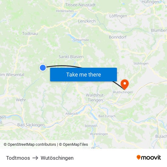 Todtmoos to Wutöschingen map