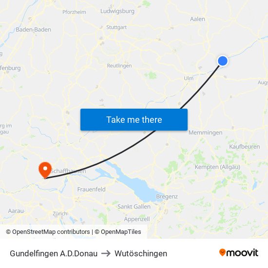 Gundelfingen A.D.Donau to Wutöschingen map