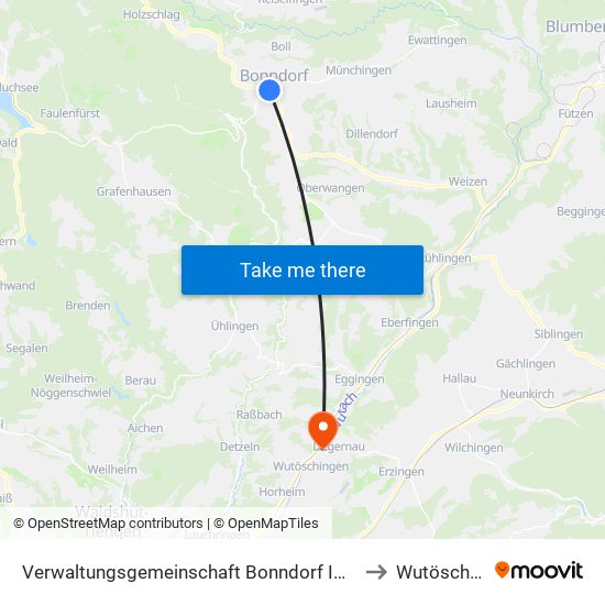 Verwaltungsgemeinschaft Bonndorf Im Schwarzwald to Wutöschingen map