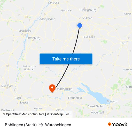 Böblingen (Stadt) to Wutöschingen map