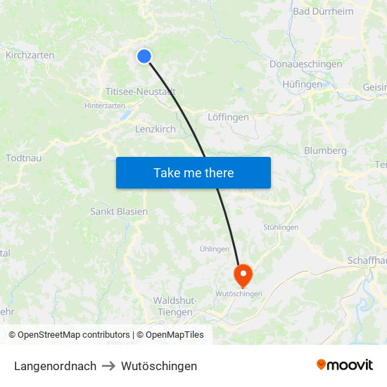 Langenordnach to Wutöschingen map