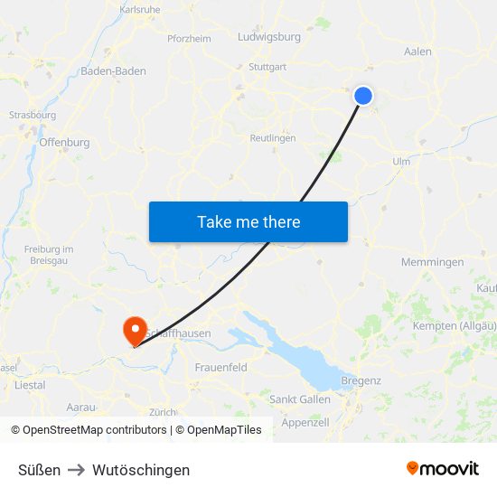 Süßen to Wutöschingen map