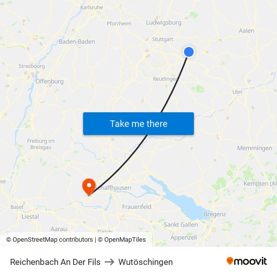 Reichenbach An Der Fils to Wutöschingen map