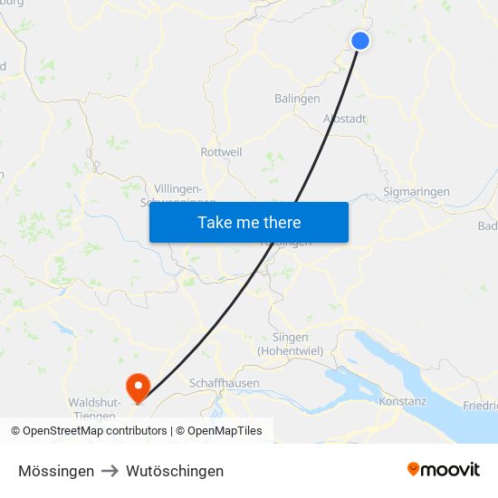 Mössingen to Wutöschingen map