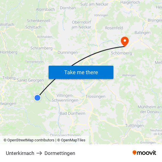 Unterkirnach to Dormettingen map