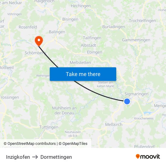 Inzigkofen to Dormettingen map