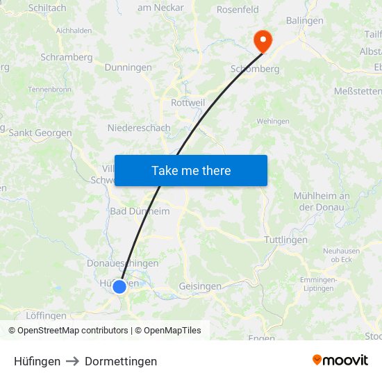 Hüfingen to Dormettingen map