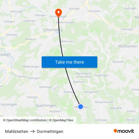 Mahlstetten to Dormettingen map