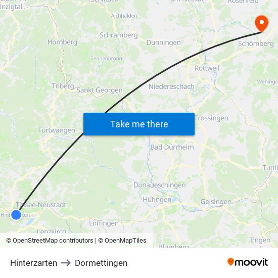 Hinterzarten to Dormettingen map