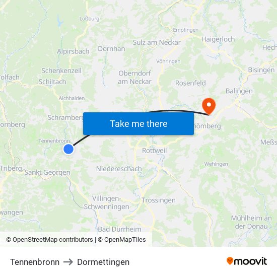 Tennenbronn to Dormettingen map