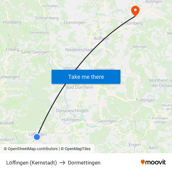 Löffingen (Kernstadt) to Dormettingen map