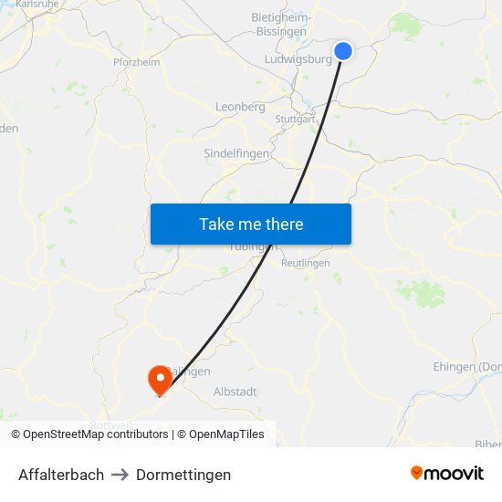 Affalterbach to Dormettingen map