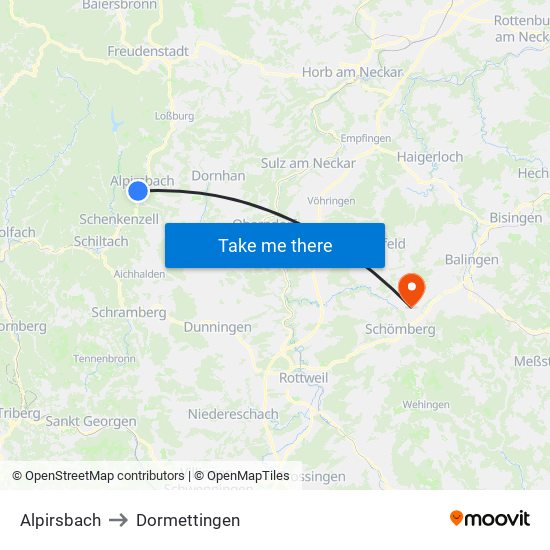 Alpirsbach to Dormettingen map
