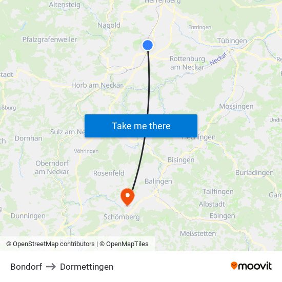 Bondorf to Dormettingen map