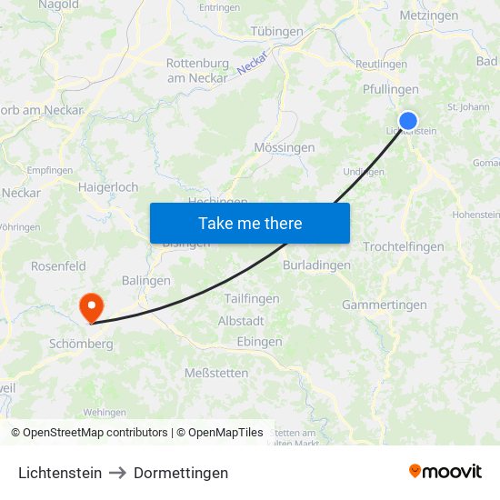 Lichtenstein to Dormettingen map