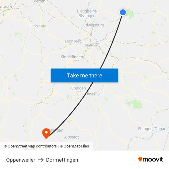 Oppenweiler to Dormettingen map