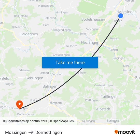 Mössingen to Dormettingen map