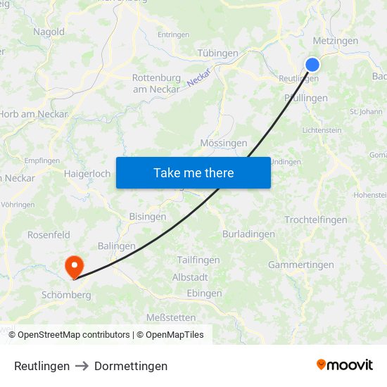 Reutlingen to Dormettingen map