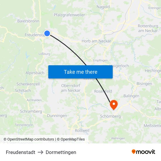 Freudenstadt to Dormettingen map