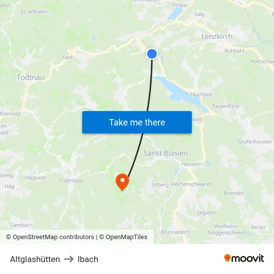 Altglashütten to Ibach map