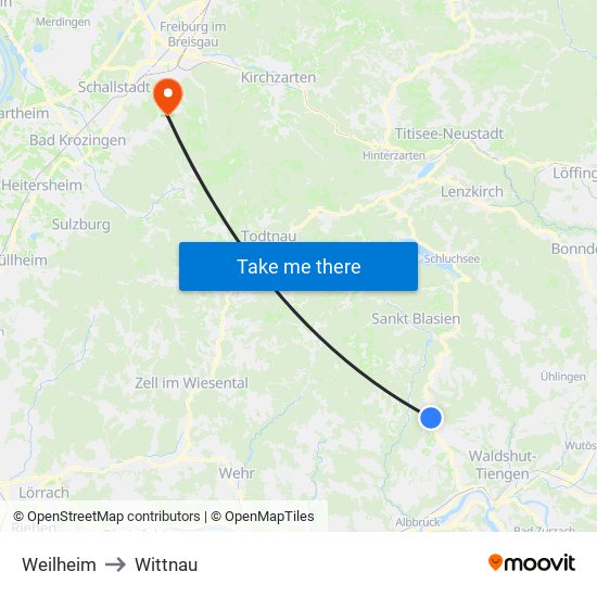 Weilheim to Wittnau map