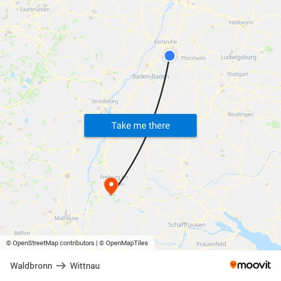 Waldbronn to Wittnau map