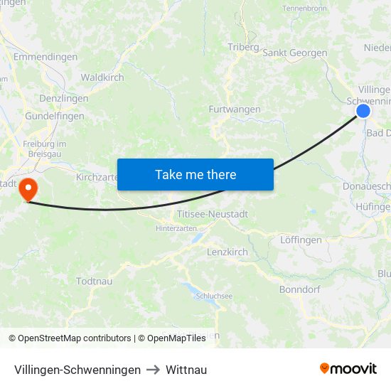 Villingen-Schwenningen to Wittnau map