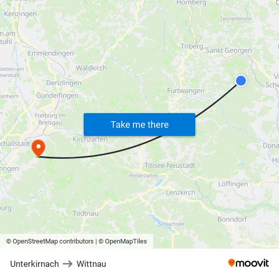 Unterkirnach to Wittnau map